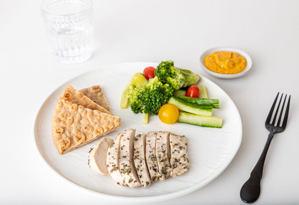 fresh, healthy, fully prepared meals, grilled chicken and hummus